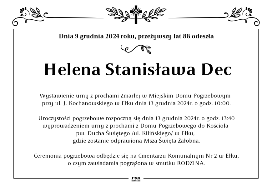 Helena Stanisława Dec - nekrolog